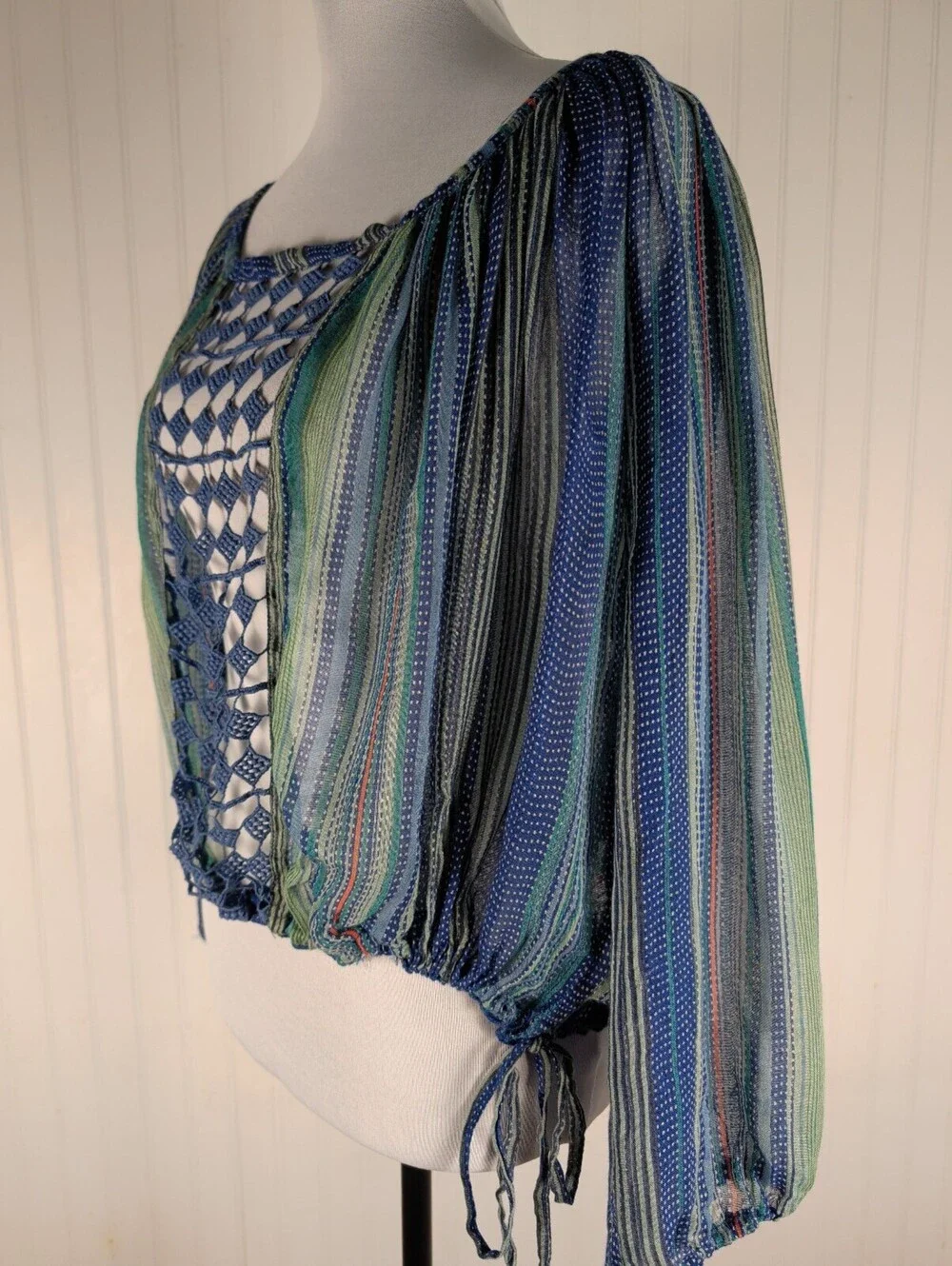 Free People ONE One Summer Lace Crochet Peasant Blouse Blue Green XS